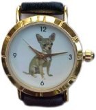 Small Size Chihuahua watch 1. inch dial. Gold tone case Black leather band.
